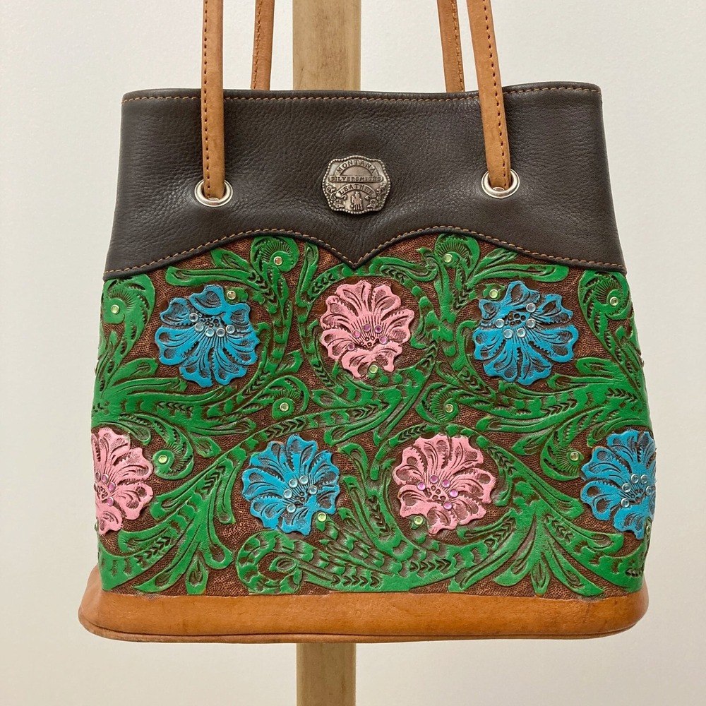 Montana Silversmiths Leather Tooled Shoulder Bag Floral Rhinestones Vintage - Picture 5 of 14